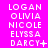 A static image displays a of names on a bright pink background with white pixelated text, each name repeated across and with minor punctuation variations at the bottom of each