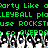 Green pixelated text on black background with white and gray hands raised below, displaying repeated phrases like 'Party Like a' and 'VOLLEYBALL'.