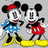 Pixelated cartoon characters Mickey and Minnie Mouse stand side-by-side on a gray background with yellow text reading "Hanging out with Mickey & Minnie" on the right.