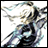 A 48x48 pixel buddy icon featuring a stylized anime character with flowing hair and dynamic motion, paired with text elements on a black background.
