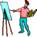 Animated sequence of a painter in pink shirt and blue pants holding a palette, painting on an easel with a brush.