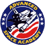 Circular blue and white logo with yellow text reading "ADVANCED SPACE ACADEMY" surrounding a space shuttle on an American flag background, featuring stars in the upper left corner.