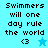 Pixelated text reads "Swimmers will one day rule the world" with a heart and star icon, displayed on blue backgrounds in four variations.