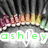Pixelated image with green text 'ashley' on white background, above blurred colorful horizontal band and dark vertical stripes.