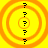 Four identical circular patterns with orange rings and black question marks on a yellow background, arranged in a