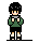 Pixel art character in green sweater and black shorts holding a device, with changing facial expressions and blue particle effects across frames.