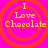 Four identical circular icons with red concentric rings on a bright pink background, each displaying yellow text reading "I Love Chocolate" in pixelated font.