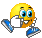 Yellow emoji face with blue eyes and white hands in four pixelated poses showing hand-to-face gestures, blue shoes on feet.