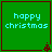 Green square with red border displays 'happy christmas' text in light blue pixelated font and small red tree icon at bottom-right corner.