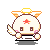 Pixel art angel icon with white body, orange wings, yellow halo, red star on forehead; poses shift between wing positions and facial expressions across frames.