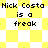 Pixelated text 'Nick Costa is a freak' on yellow and white checkered background with diamond-shaped pattern variations.