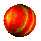 A spherical object with red and yellow striped patterns rotates through against a gray background