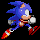 Pixelated blue hedgehog character in multiple running poses with red shoes, white gloves, and a black background.
