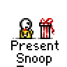 Animated contact sheet of a pixel art character presenting a gift box across 17 frames with varying poses and text overlays.