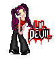Pixel art avatar of a girl with purple pigtails, red top, black pants, and 'LIL DEVIL' text with red drips on gray background.