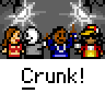 Pixel art contact sheet showing three frames of an animated buddy icon with cartoon characters and "Crunk!" text.