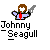 Pixelated character with brown hair and white face holding a sword, below text reading "Johnny Seagull" in blocky font.