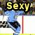 Animated icon shows hockey player in blue jersey skating on ice rink with crowd background, text changes from "Sexy" to ":]" and "Sexy:]" across frames.