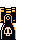 Pixel art animation of a black and orange character with a skull emblem, showing sequential motion from static pose to firing projectiles.
