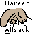 Pixelated icon with 'Hareeb' text above and 'Allsack' text below a beige hand gesture on gray background.
