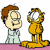 A 50x50 pixel animated buddy icon featuring Garfield the cat and a human character on a white background, with green text reading "Original Icons .com" on a dark green panel to the right.