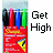 A red pen set with black, blue, and green pens in a clear plastic package appears alongside the text 'Get High' where each letter of 'High' is colored differently across frames.