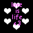 Pixelated pink text "love is life <3" surrounded by white hearts on black background, with heart shapes shifting between solid and blurred states.