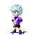 Pixelated character with spiky light blue hair wearing purple shirt and black shorts standing on a blue skateboard against gray background.