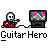 Pixel art animation of a character in red clothing playing a guitar, with a TV displaying a colorful mountain graphic, repeated across three