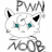 Pixelated white cat face with black ears and teal eyes, surrounded by gray text reading "PWN" above and "NOOB" below.