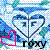 Pixelated image with blue and white background, pink heart outline on left, stylized 'R' and 'F' symbols connected by lines forming a central design above black text reading 'Roxy'.