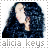 Alicia Keys with long dark hair, hand near face, wearing dark top, text 'alicia keys' below, pixelated style.