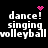 Pixelated text displays 'dance! singing volleyball' with pink heart and starburst symbols on black background.