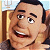 Pixelated static image of a cartoon character's face with exaggerated features and a wide smile, set against an indistinct background.