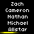 Static image of three vertical of white pixelated text listing names Zach, Cameron, Nathan, Michael, Allstar on black background with yellow horizontal bars