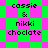 Pixelated text 'cassie & nikki choclacte' appears on a green and pink checkered background with diamond-shaped patterns.