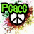 Green 'Peace' text above a peace symbol with colorful splatter, pink 'love' on beige, purple 'orcos' over grayscale photo