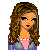 Pixel art of a woman with long brown hair wearing a purple top and green dress, next to partial figure in blue shirt and pink scarf.