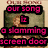 Four of pixelated text in pink with black outlines over a faded background image, each displaying different phrases
