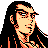 Pixelated static image of a person with long black hair, orange and beige skin tones, wearing dark clothing with visible red accents on the shoulders.