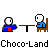 Pixel art animation of a character in blue and red clothing sitting at brown tables on gray background with repeated text.