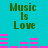 Pixelated green text "Music Is Love" appears above pink audio equalizer bars on a cyan background, with two identical frames showing different bar patterns.