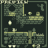 Pixel art preview of a retro-style platformer with green and brown brick structures, two small characters, floating items, and UI elements including hearts and diamonds.