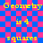 Yellow pixelated text on a blue and pink checkered background with lines, repeating 'Geometry is 4 squares' in two