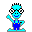 Pixelated character with cyan head and torso, blue overalls with yellow suspenders, black-and-white checkered glasses, and spiky black hair, waving with right hand.