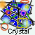 Pixelated abstract design with blue, purple, green, and orange elements, featuring the word 'Crystal' in black text below.