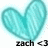 A pixelated cyan heart shape with a black text label beneath it reading "zach <3" on a white background.