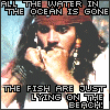 six pixelated showing a character with long dark hair, red bandana, and earrings in various poses with overlaid text about water, fish, flames, shaking ground, running side to side, and saying 'YES'