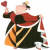 Animated contact sheet of Queen of Hearts character in red/black/yellow dress holding heart, with text and hearts appearing/disappearing across frames.