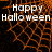 A Halloween-themed graphic with 'Happy Halloween' text over an orange web pattern on a black background, displayed in four